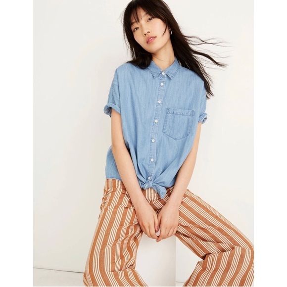 MADEWELL Denim Short Sleeve Tie Front Shirt Size S - Picture 1 of 11